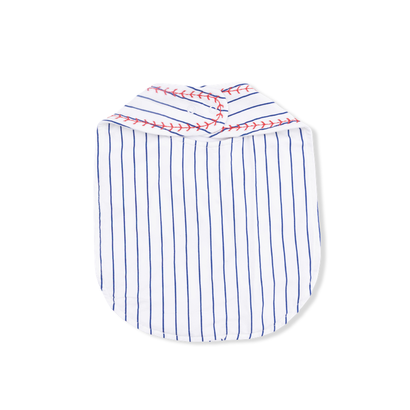 back of a bib with baseball design on a white background