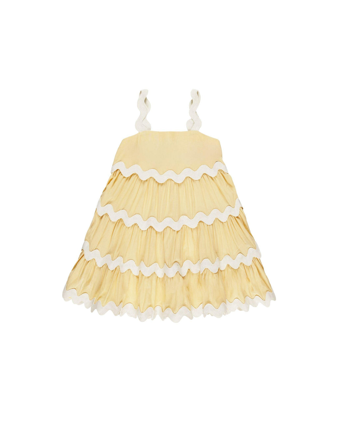 sleevless yellow dress with white ric rac stitching at each ruffle