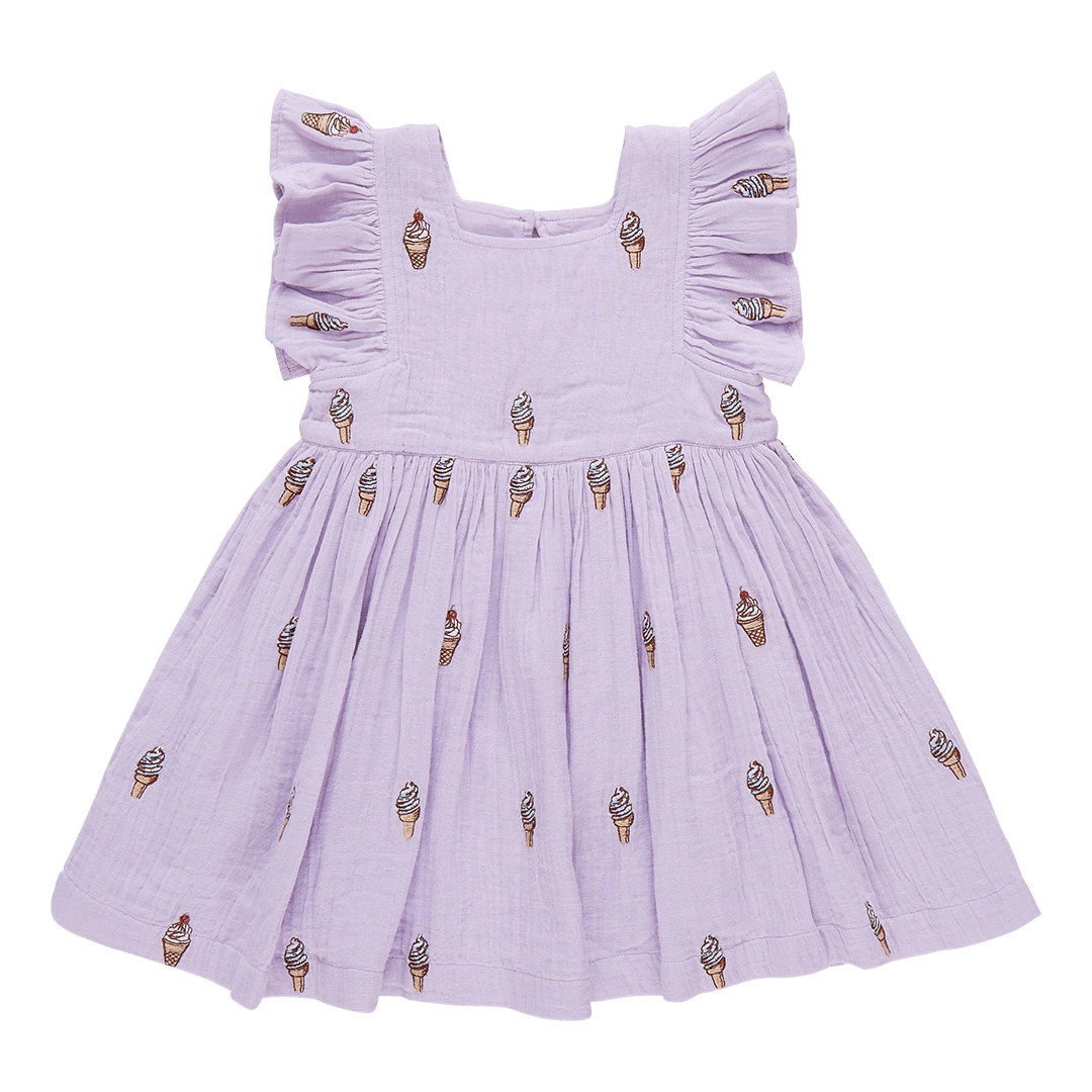 double gauze dress, lavender color with soft serve ice cream in a cone embroidered on the dress. ruffles at the sleeve