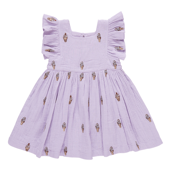 double gauze dress, lavender color with soft serve ice cream in a cone embroidered on the dress. ruffles at the sleeve