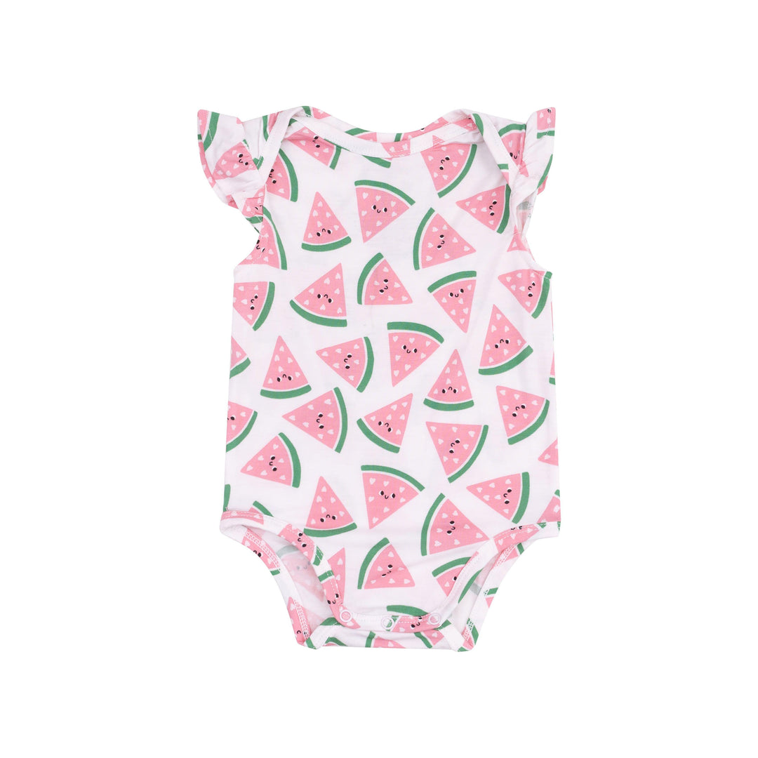 baby bodysuit with ruffle capsleeves, white background and watermelon pieces with smiley faces all over the bodysuit. 