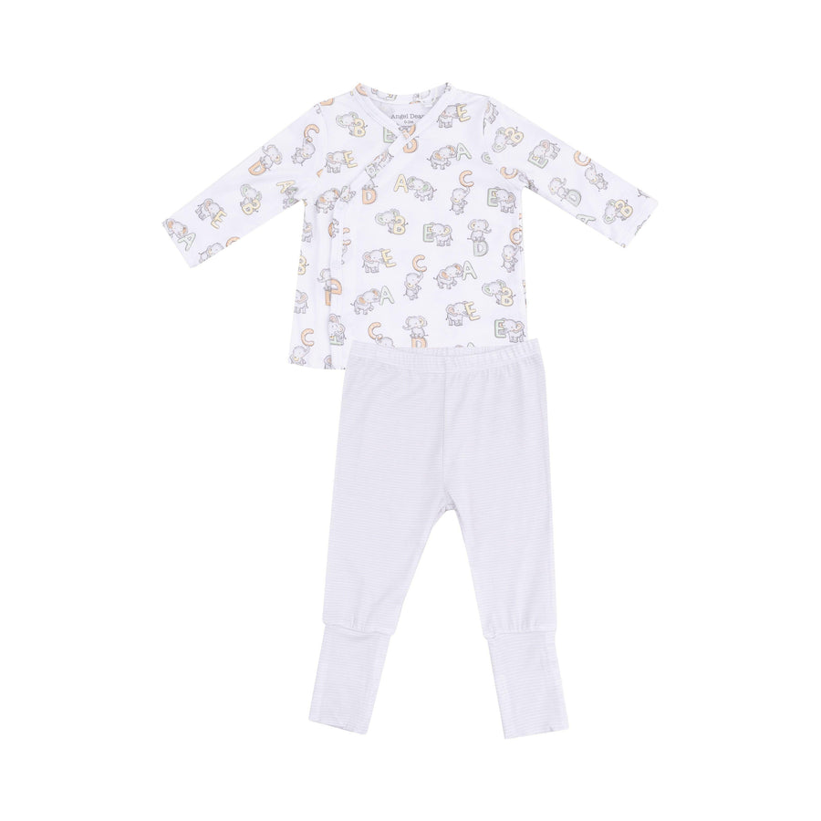 take home set that is gender neutral. the top has an adorable elephanr and the ABC's on it and the bottoms are a gray and white stripe pant