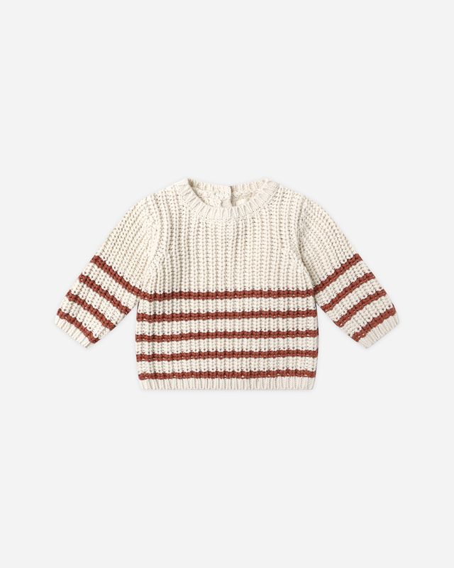 Knitted sweater with red and white stripes on a light beige background