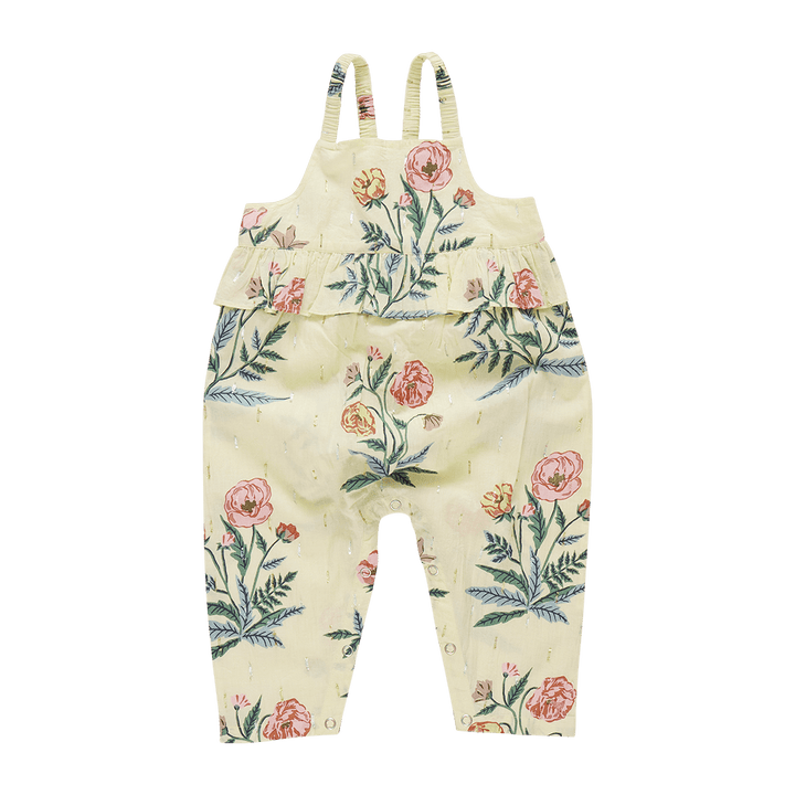 pale yellow jumpsuit with pale pink and yellow jlowers on it. gold lurex on the jumpsuit as well