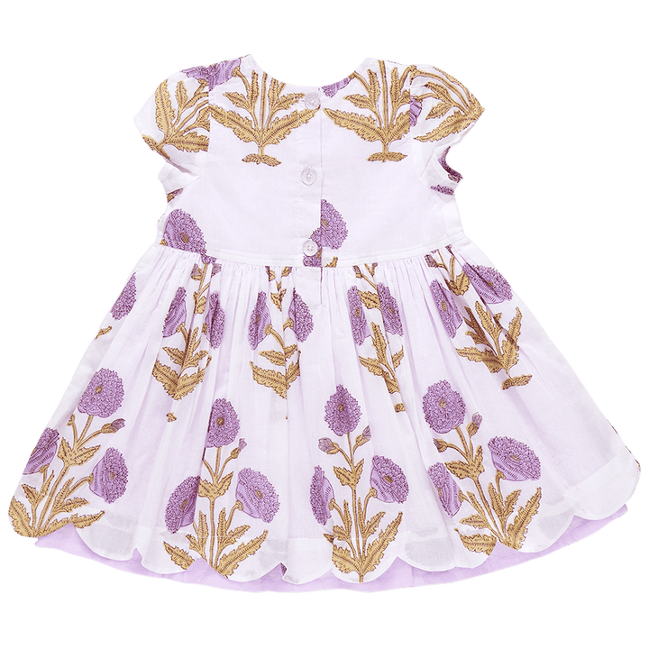 back of dress has 3 buttons. base of dress is ivory with large lavender marisol flowers on it. small cap sleeves