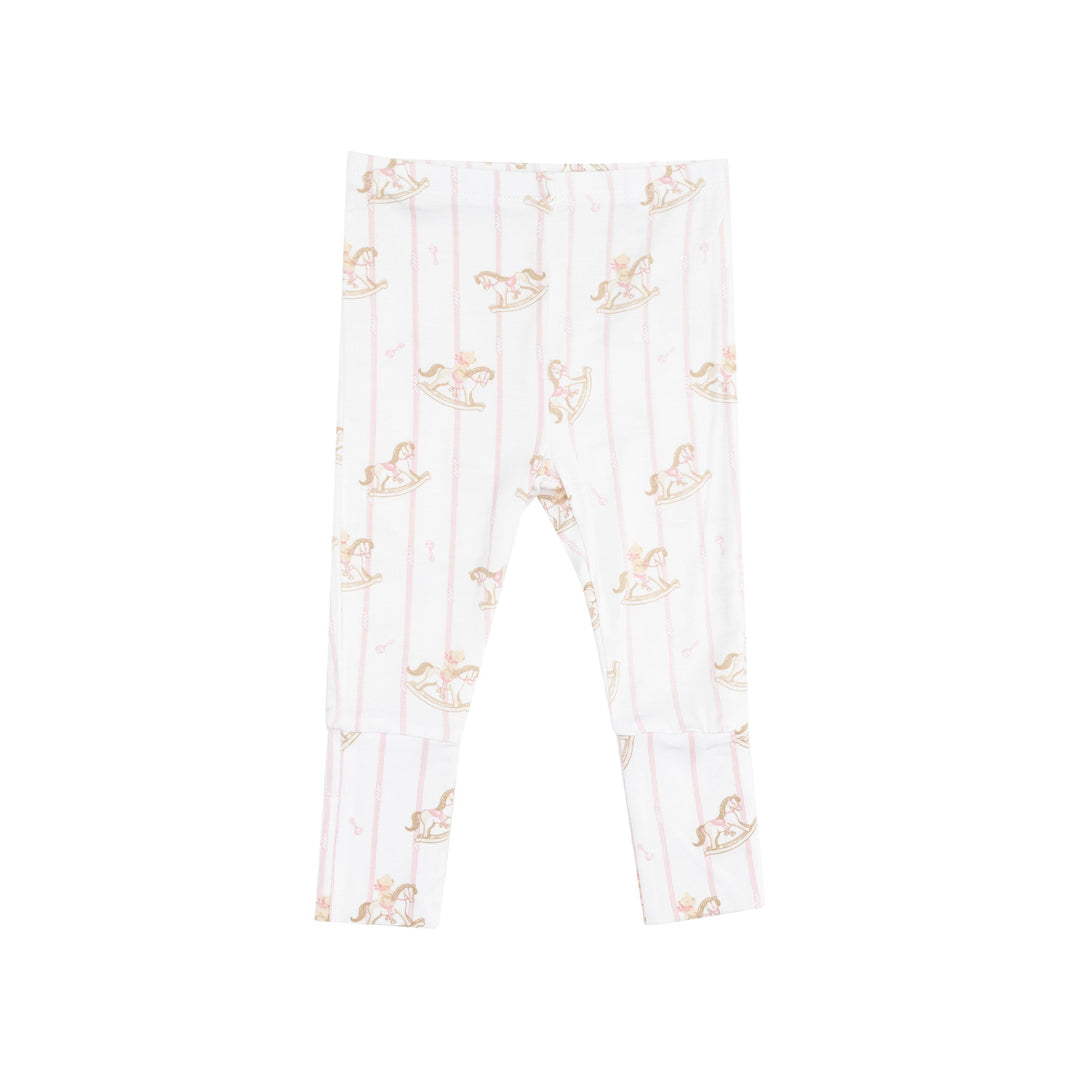 picture of the pants on its own. snug fit with pink pin stripes and rocking horses all over the pants. 