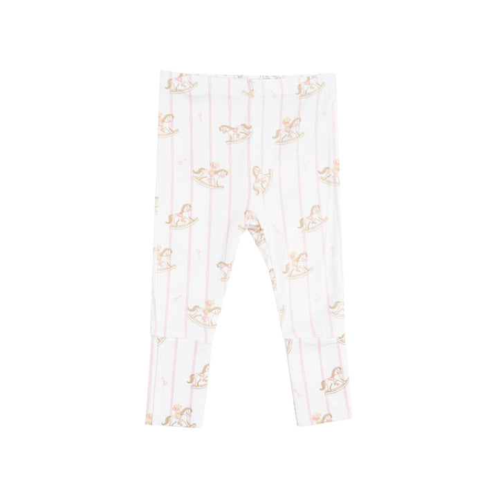 picture of the pants on its own. snug fit with pink pin stripes and rocking horses all over the pants. 