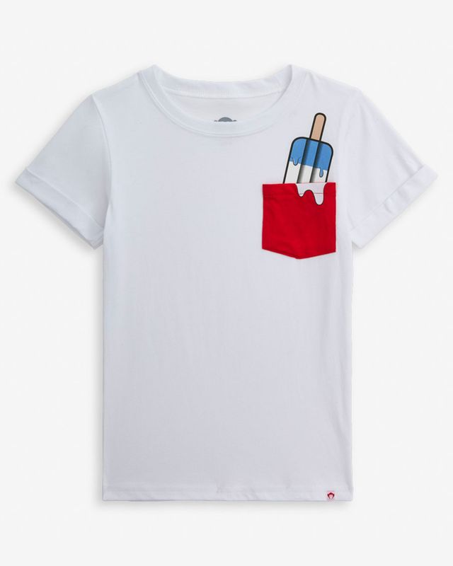 White t-shirt with a red pocket design featuring a popsicle and blue tool on a white background