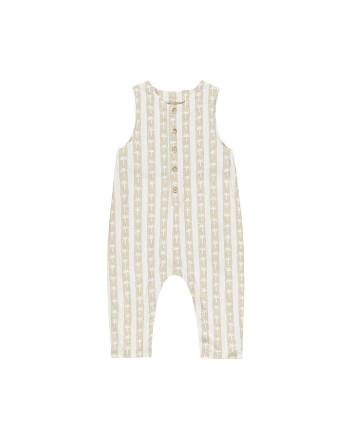 beige and tan vertical stripe jumpsuit with palm trees descending vertically down the jumpsuit. buttons down the center