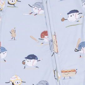 Baby onesie with a blue baseball pattern on a white background