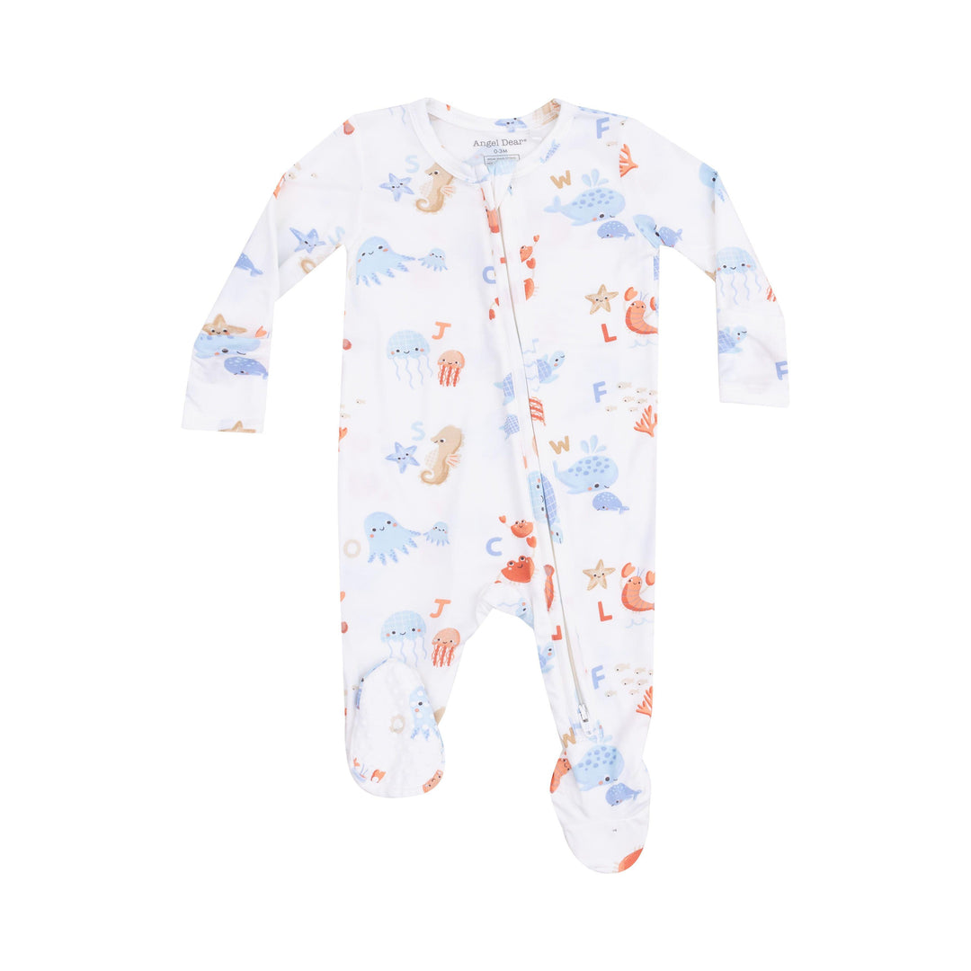 baby footie with ocen animals all over it and tiny letters of the alphabet: octopus, seahorse, jellyfish, whales. 
