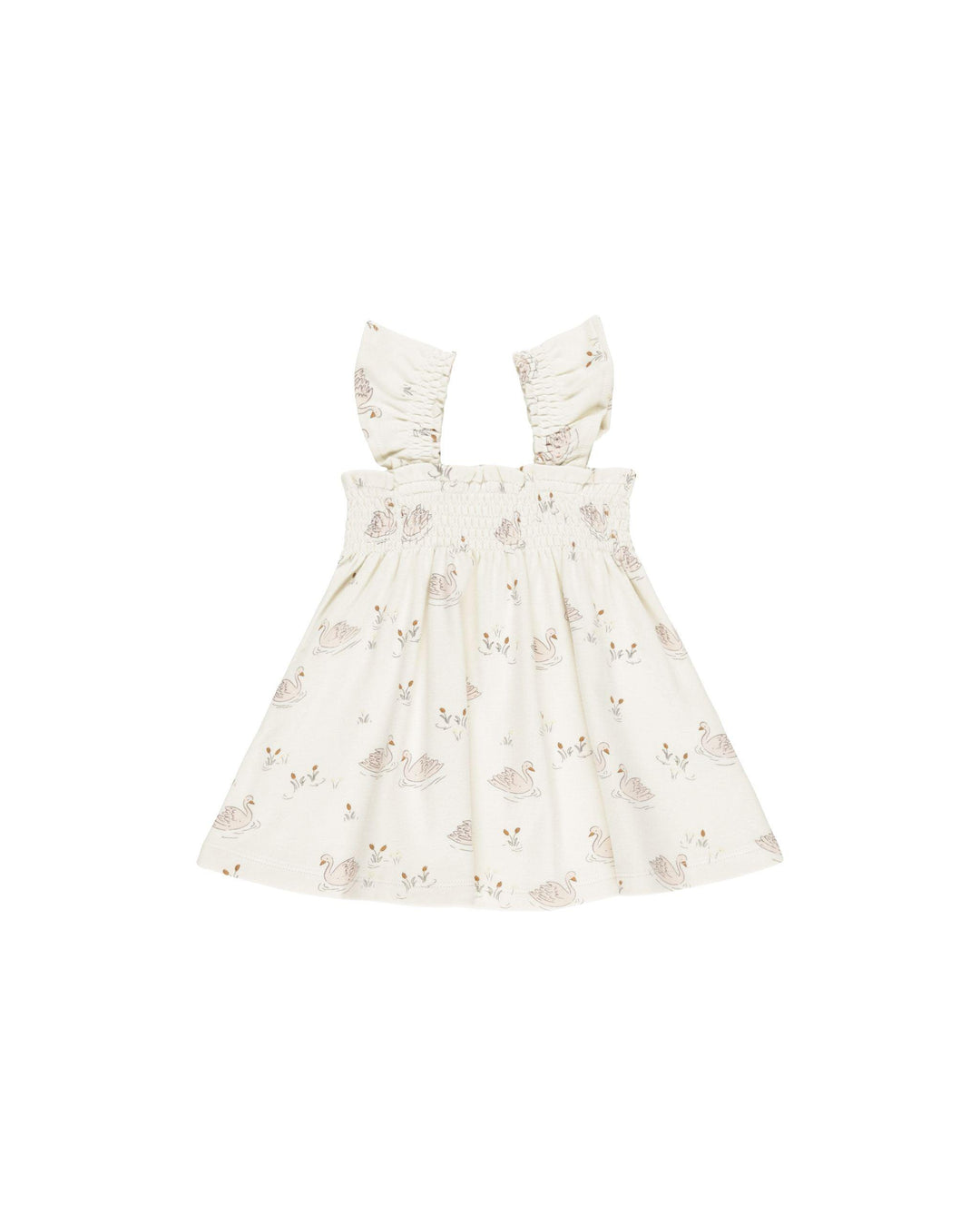 baby dress with smocked top and gathered sleeves. Swans printed all over the dress. 