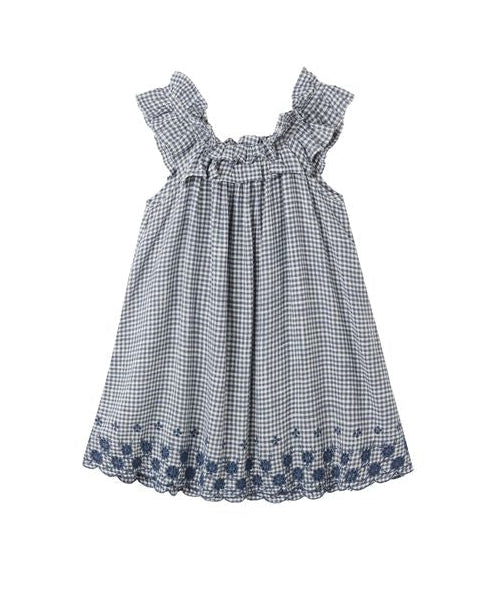 Blue and white checkered dress with floral hem on a white background