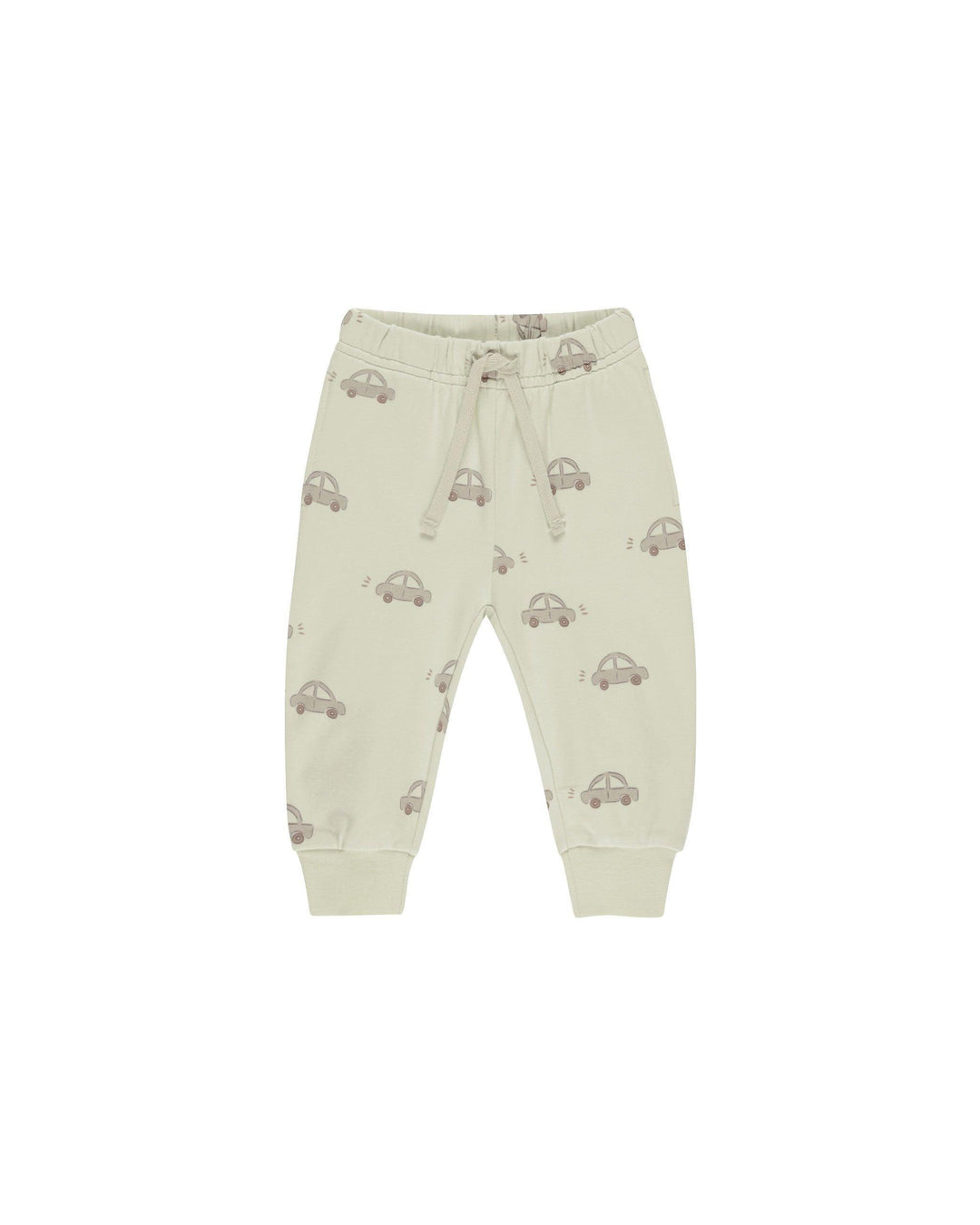 pistachio colored sweatpants with drawstring, car printed all over them. 