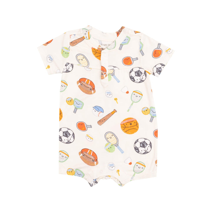 One Piece baby henley romper with sports equiptment and balls with little faces on them. all happy. 