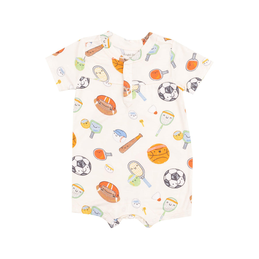 One Piece baby henley romper with sports equiptment and balls with little faces on them. all happy. 