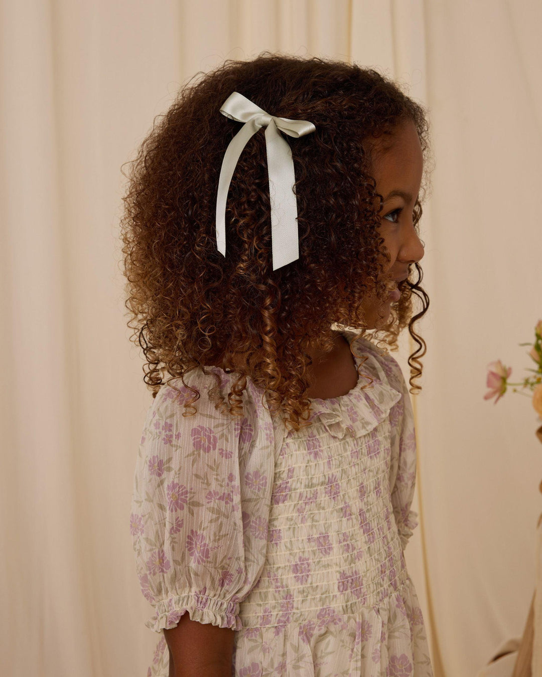 close up picture of the lavender pattern on the chiffon 