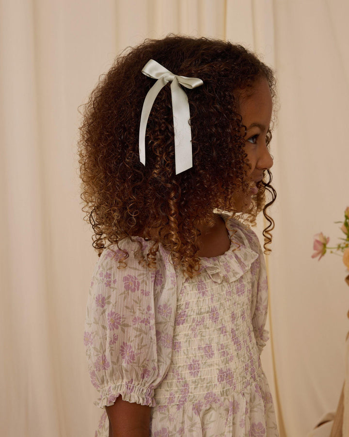 close up picture of the lavender pattern on the chiffon 