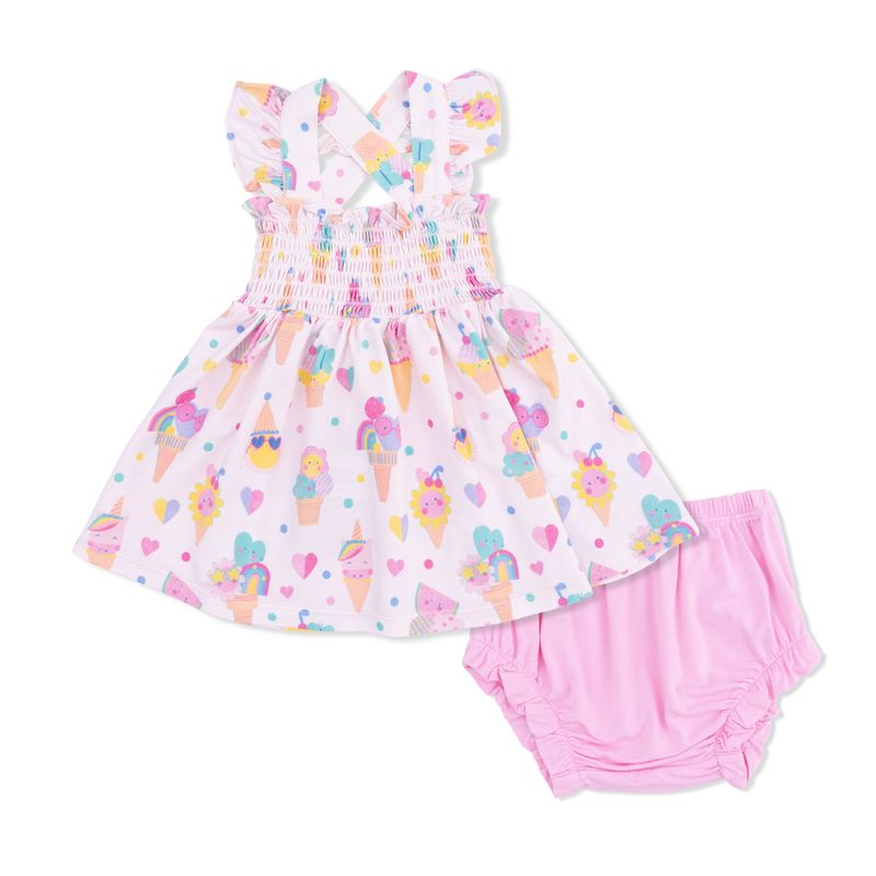 Baby dress with ice cream cone pattern and pink bloomers on a white background