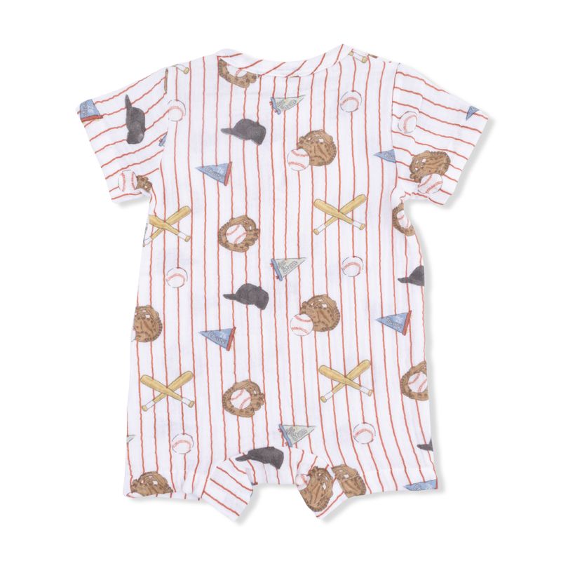 Baby romper with baseball-themed pattern on a white background