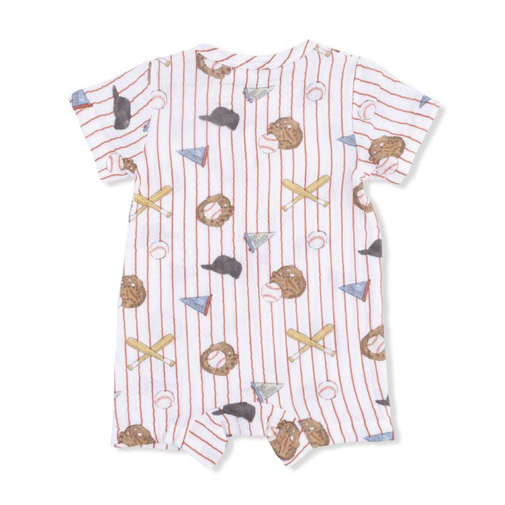Baby romper with baseball-themed pattern on a white background
