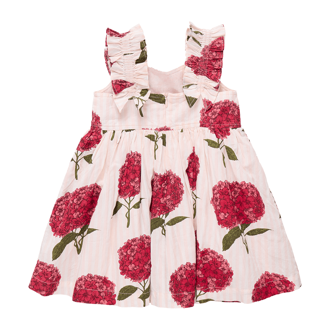 back of dress with ruched straps, pink and white stripe with big deep pink hydrengea print all over the dress. 