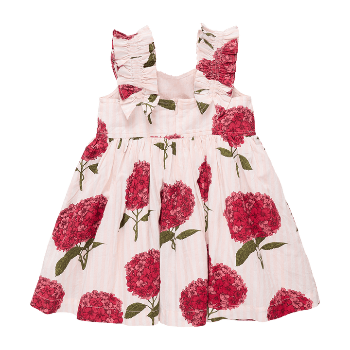 back of dress with ruched straps, pink and white stripe with big deep pink hydrengea print all over the dress. 