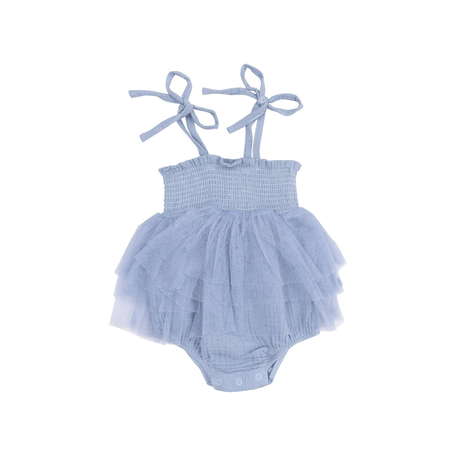 smocked baby bubble in blue with tulle skirt and ties at the shoulder and snaps at the bottom for easy diaper changes. 