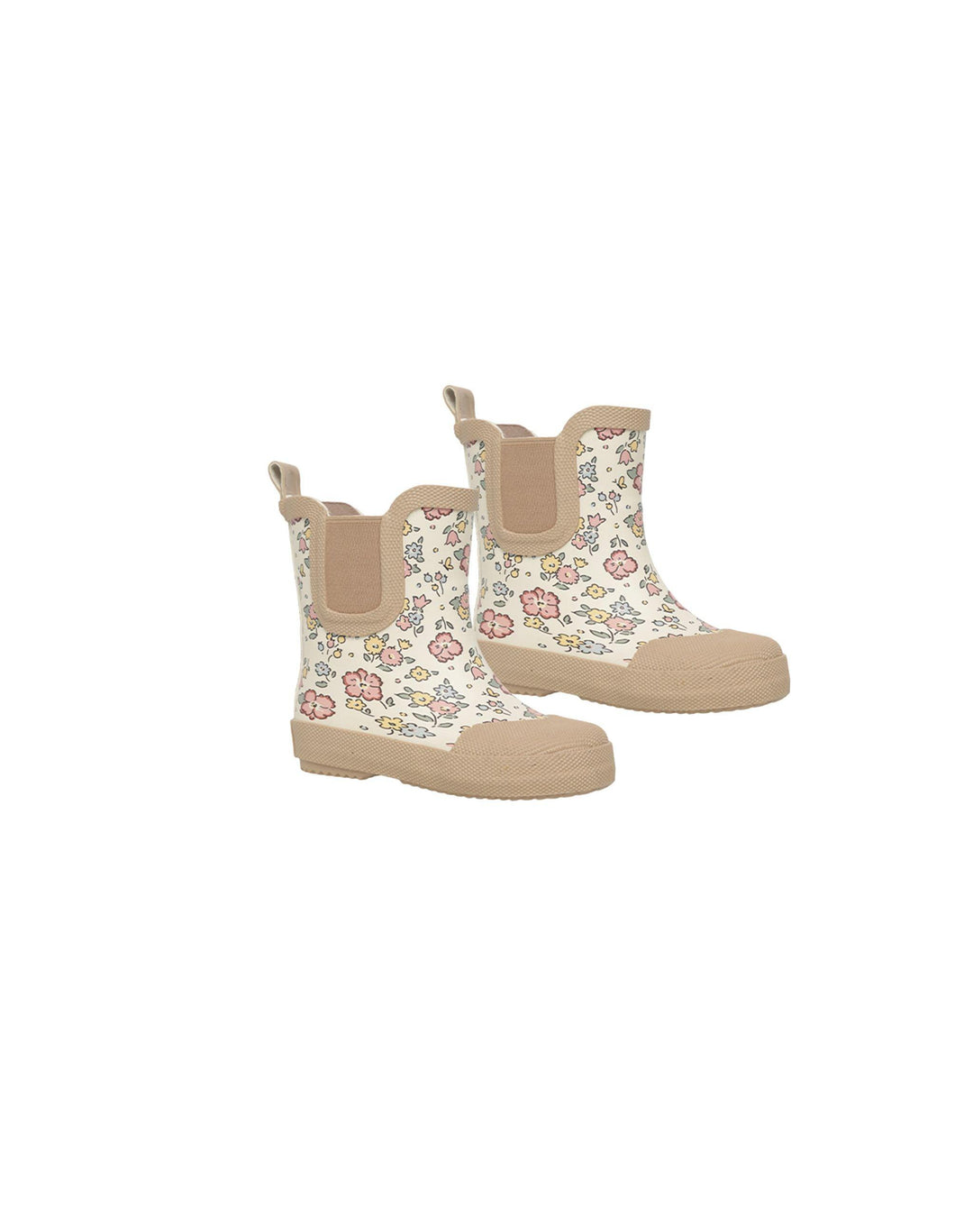 tan toe of the boot and the tops of the boots. the middle of the boot is beige with pastel flowers