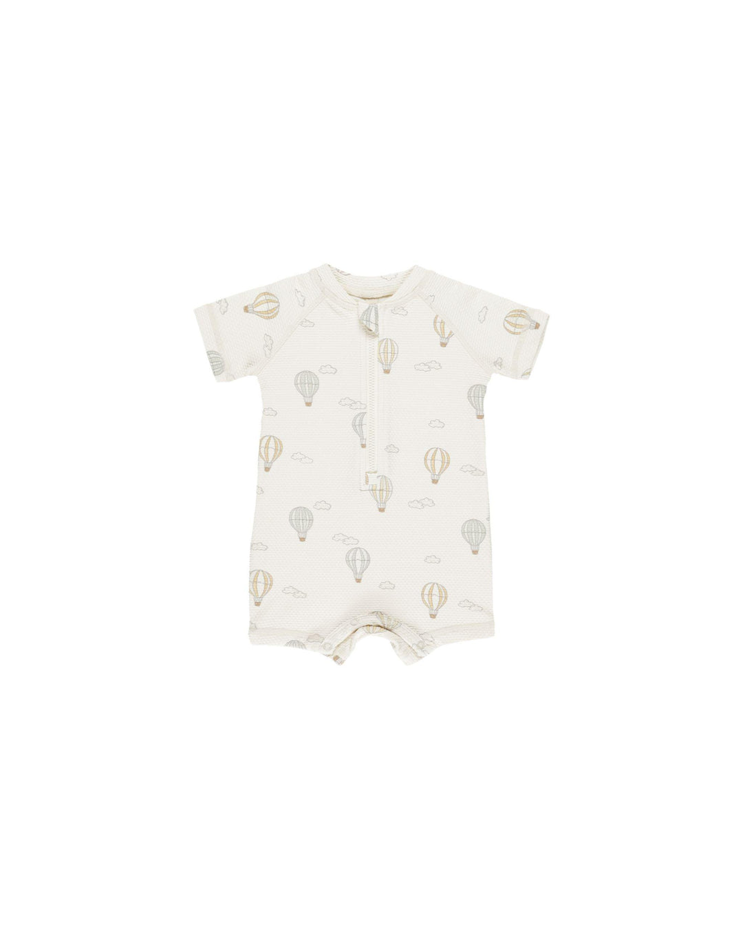 baby boy rashguard with zipper at the top, short sleeves and snaps at the bottom. hot air balloon print all over. 