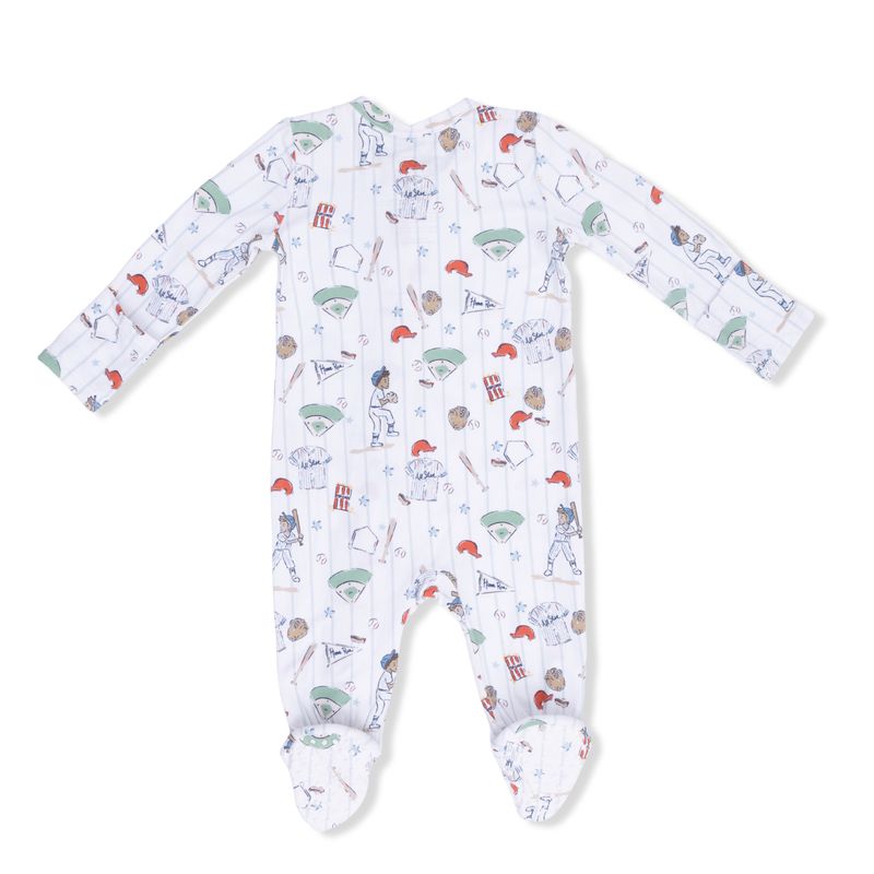 Back of Baby onesie with colorful baseball pattern on a white background