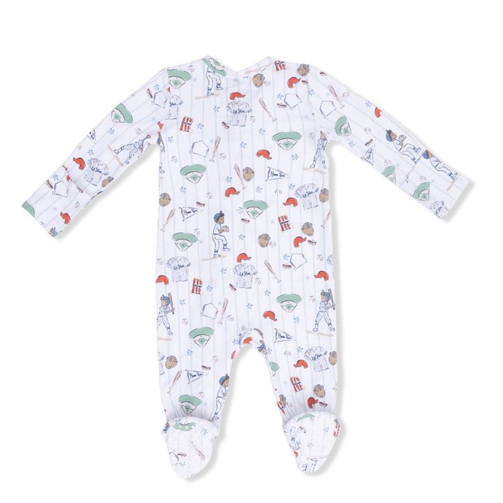 Back of Baby onesie with colorful baseball pattern on a white background