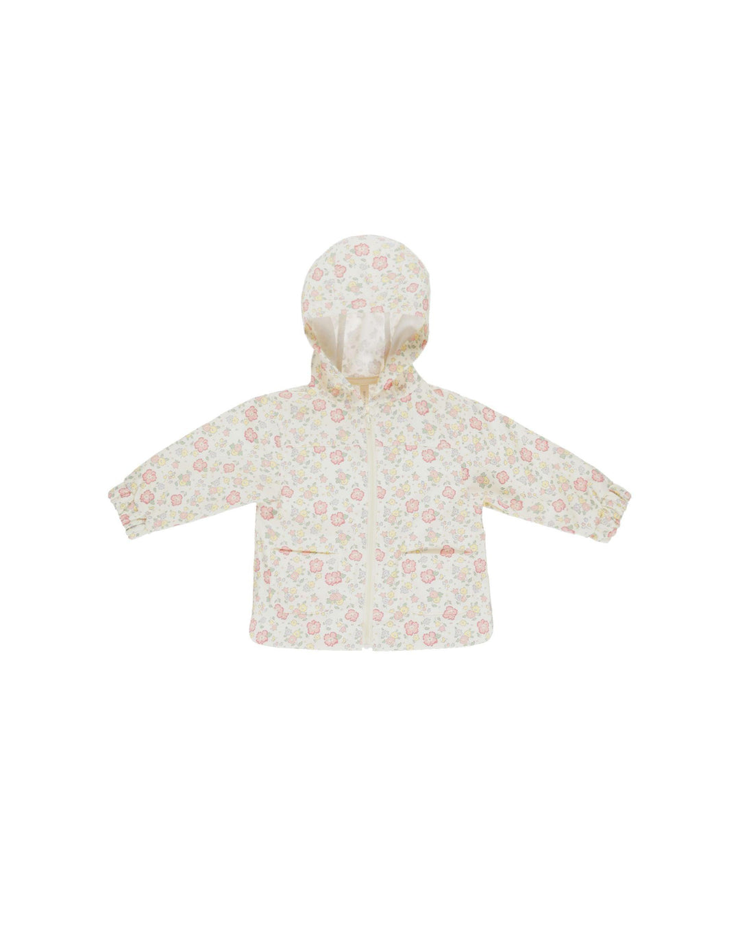 rain coat with a pastel floral print on the coat. 