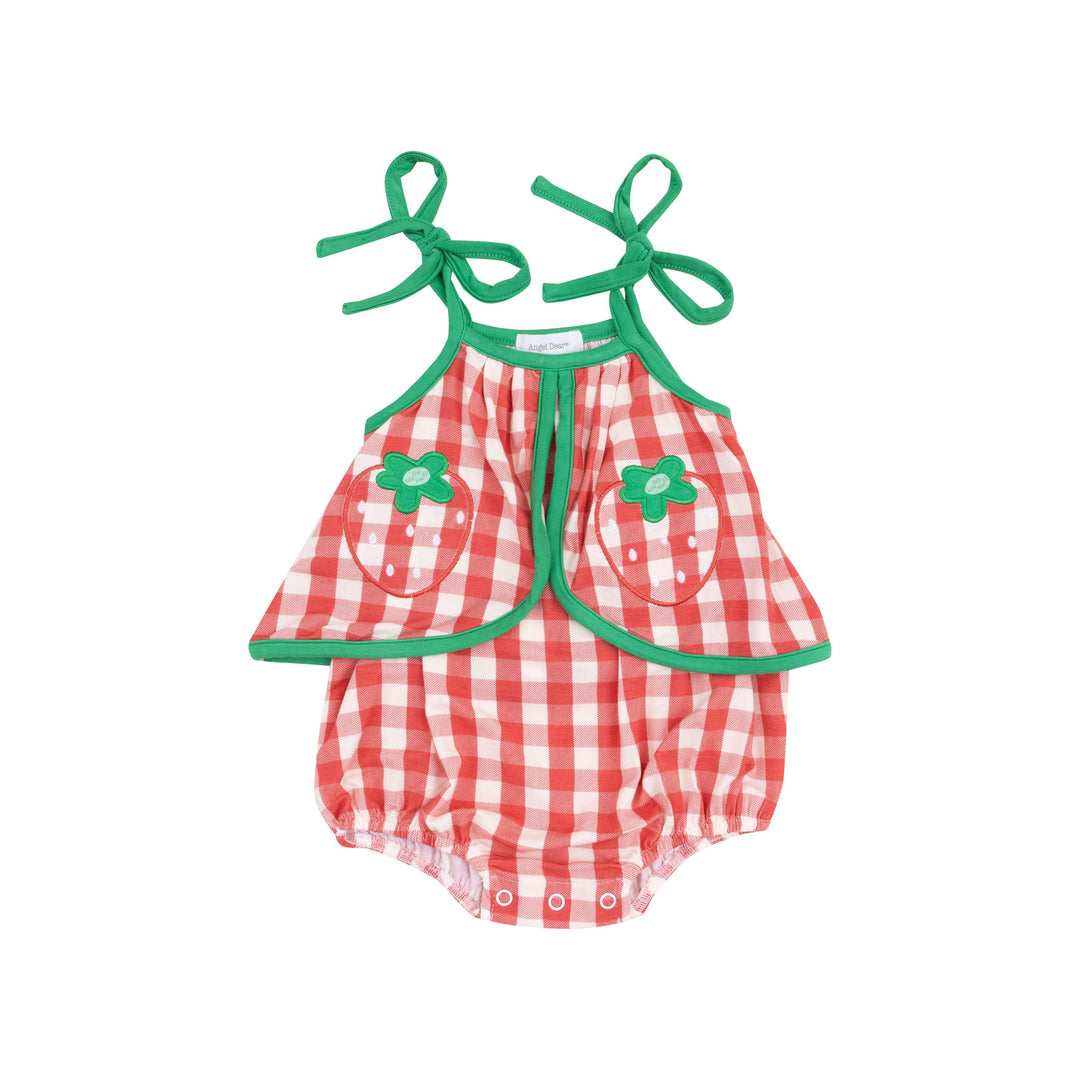 red and white gingham sunsuit with green trim and two strawberry appliques on the swing front. 