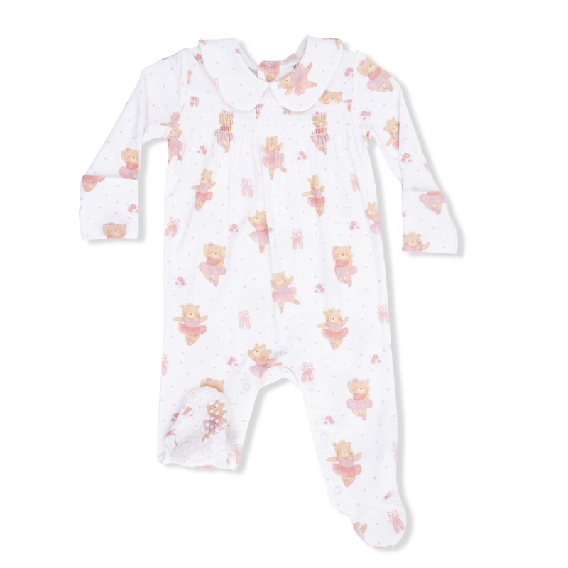 Baby onesie with teddy bear dressed as a ballerina on a white background
