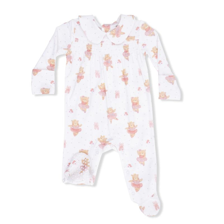 Baby onesie with teddy bear dressed as a ballerina on a white background