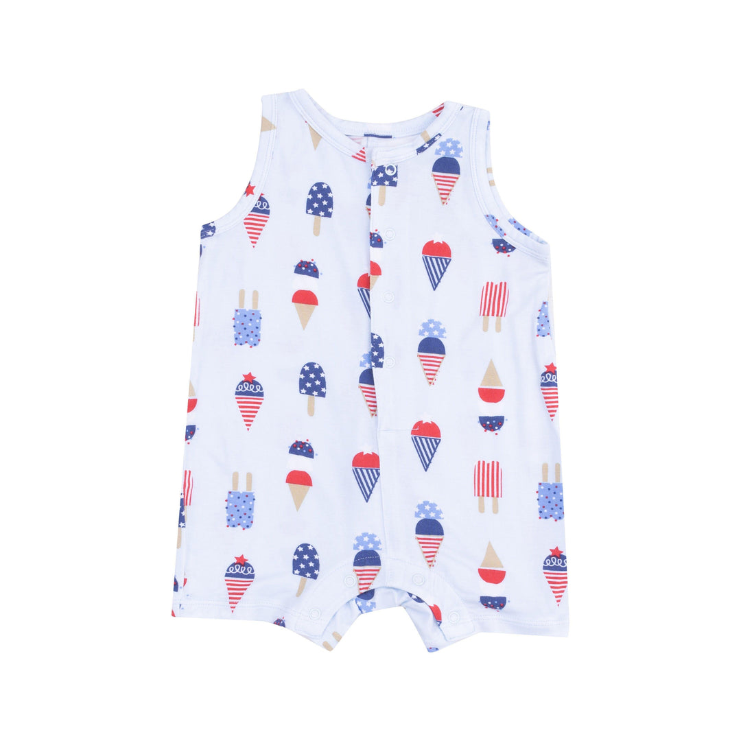 baby boy romper with 3 buttons going down the center. blue bamboo material with patriotic ice cream all over print. 