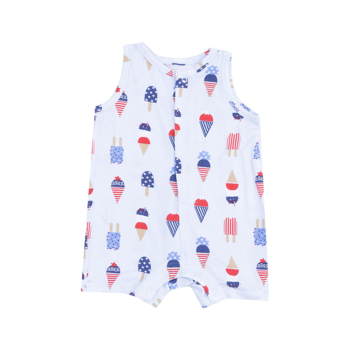 baby boy romper with 3 buttons going down the center. blue bamboo material with patriotic ice cream all over print. 