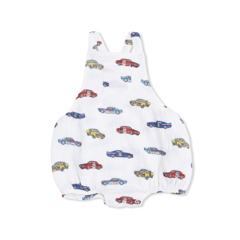 Baby romper with car pattern on a white background