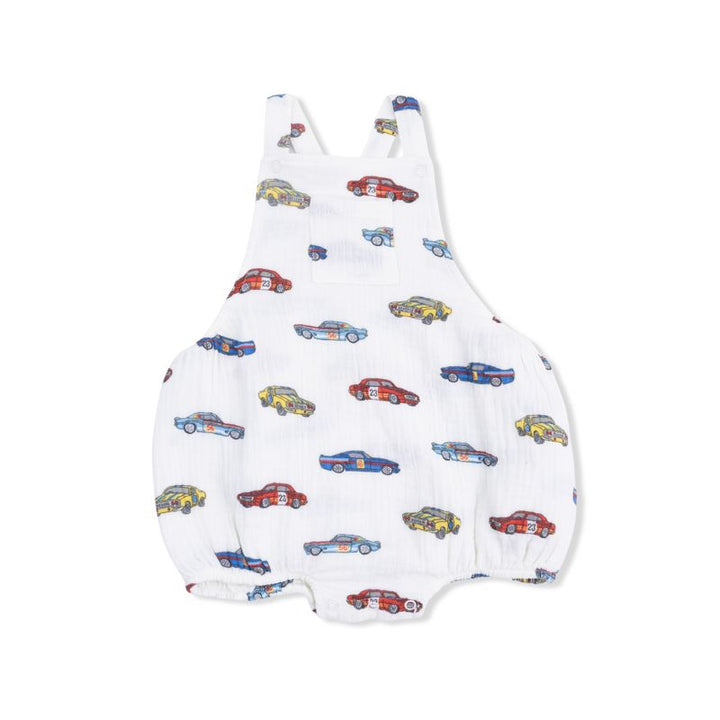 Baby romper with car pattern on a white background
