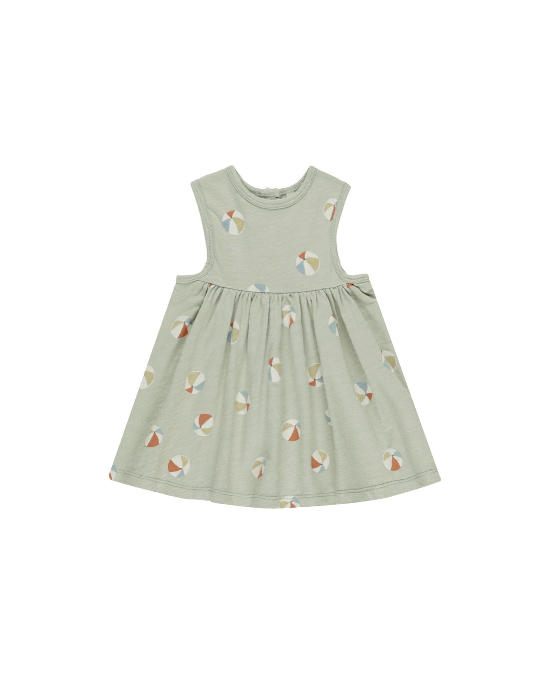 sage green tank dress with beach balls screened all over the dress. 