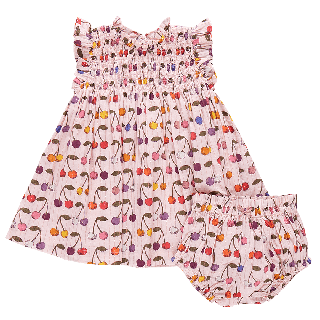 pink girls dress with multi colored cherries all over it. the baby dress also comes with diaper cover 