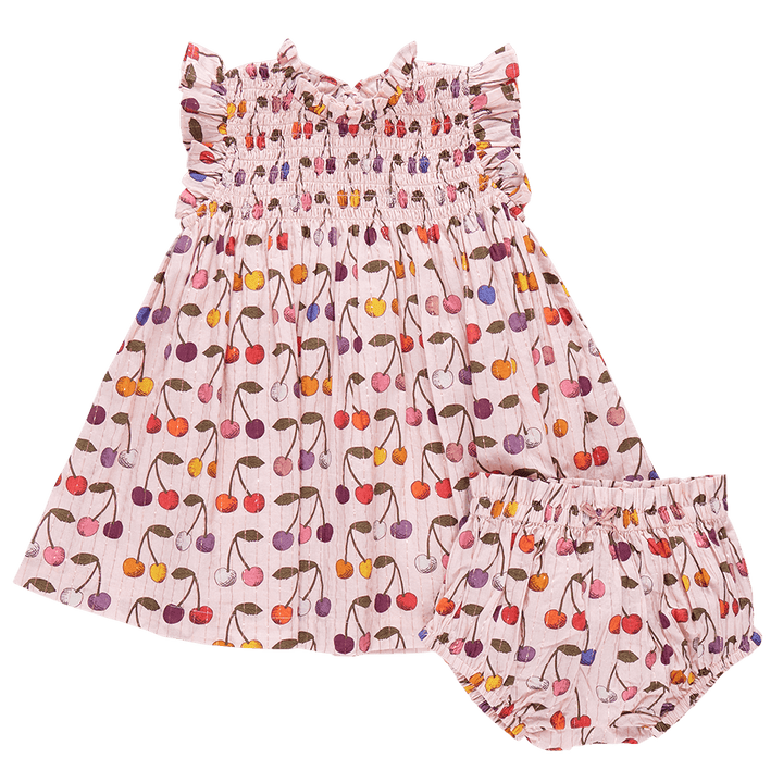 pink girls dress with multi colored cherries all over it. the baby dress also comes with diaper cover 