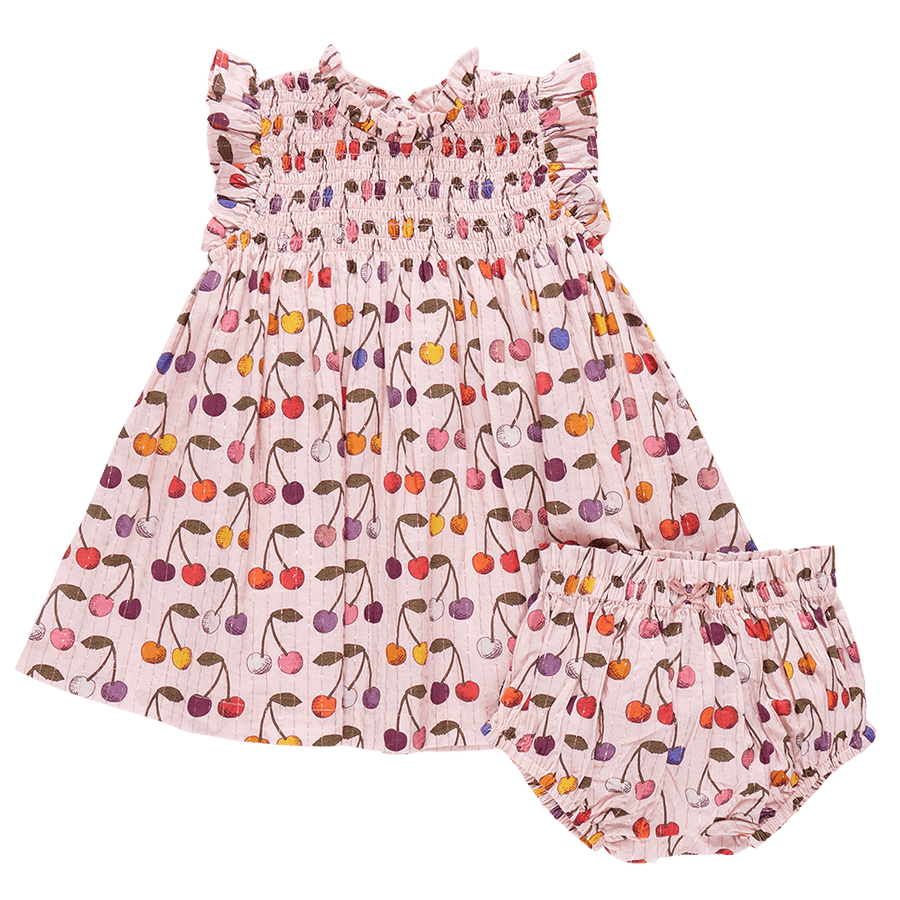 pink girls dress with multi colored cherries all over it. the baby dress also comes with diaper cover 