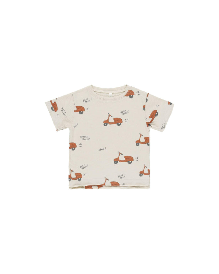 raw edge tee, beige color with brick red mopeds printed on the tee. 