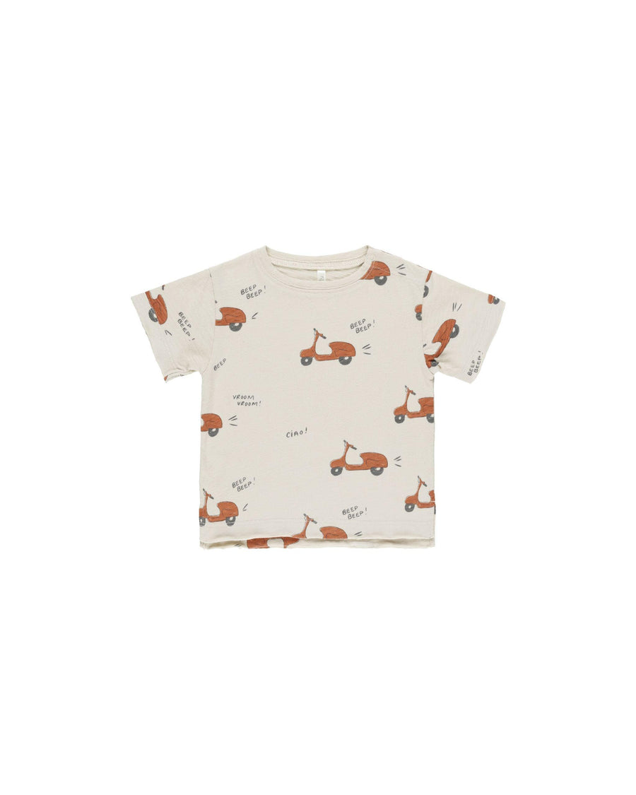 raw edge tee, beige color with brick red mopeds printed on the tee. 