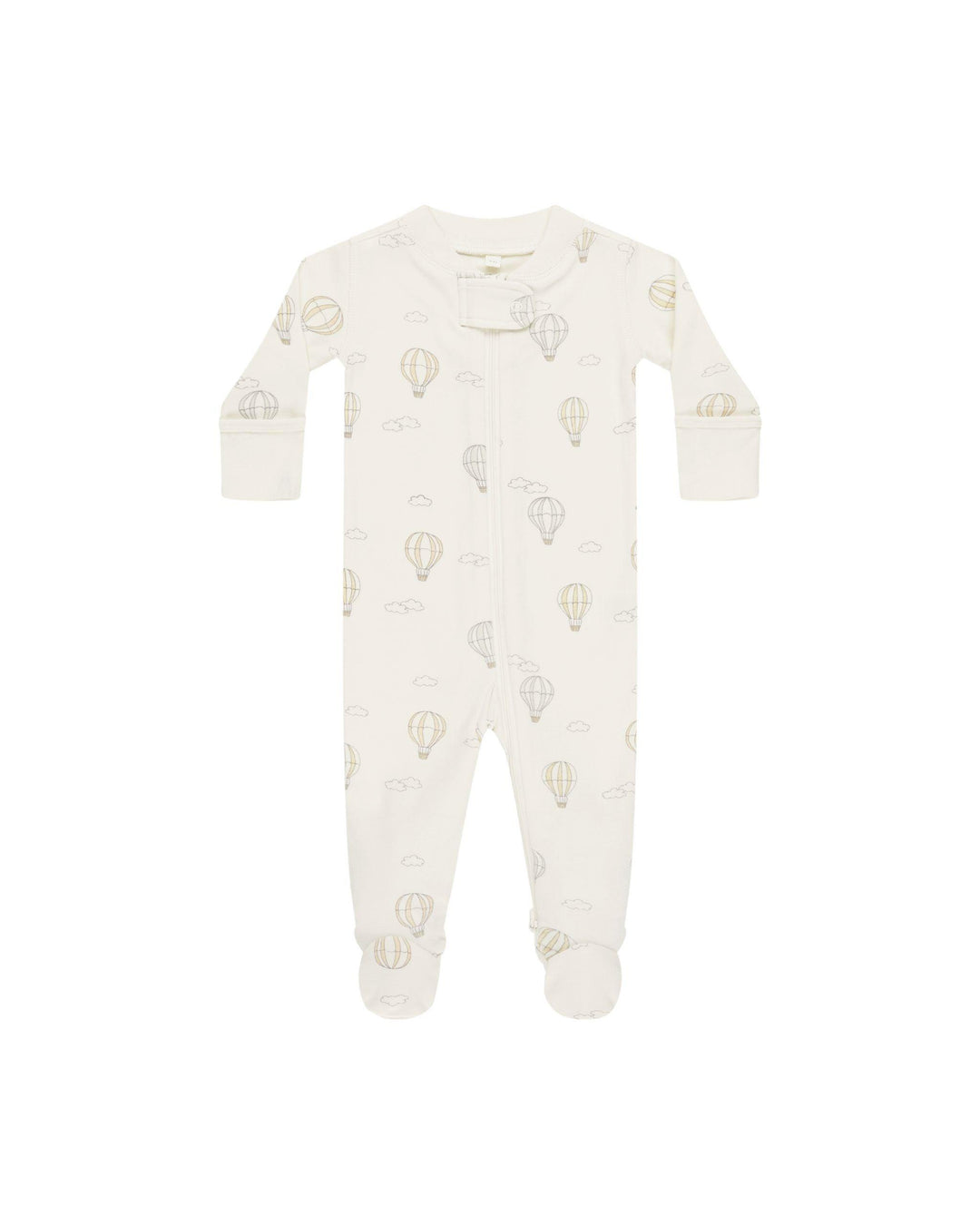 beige zipper footie with hot air balloons in pastel colors printed all over it. 