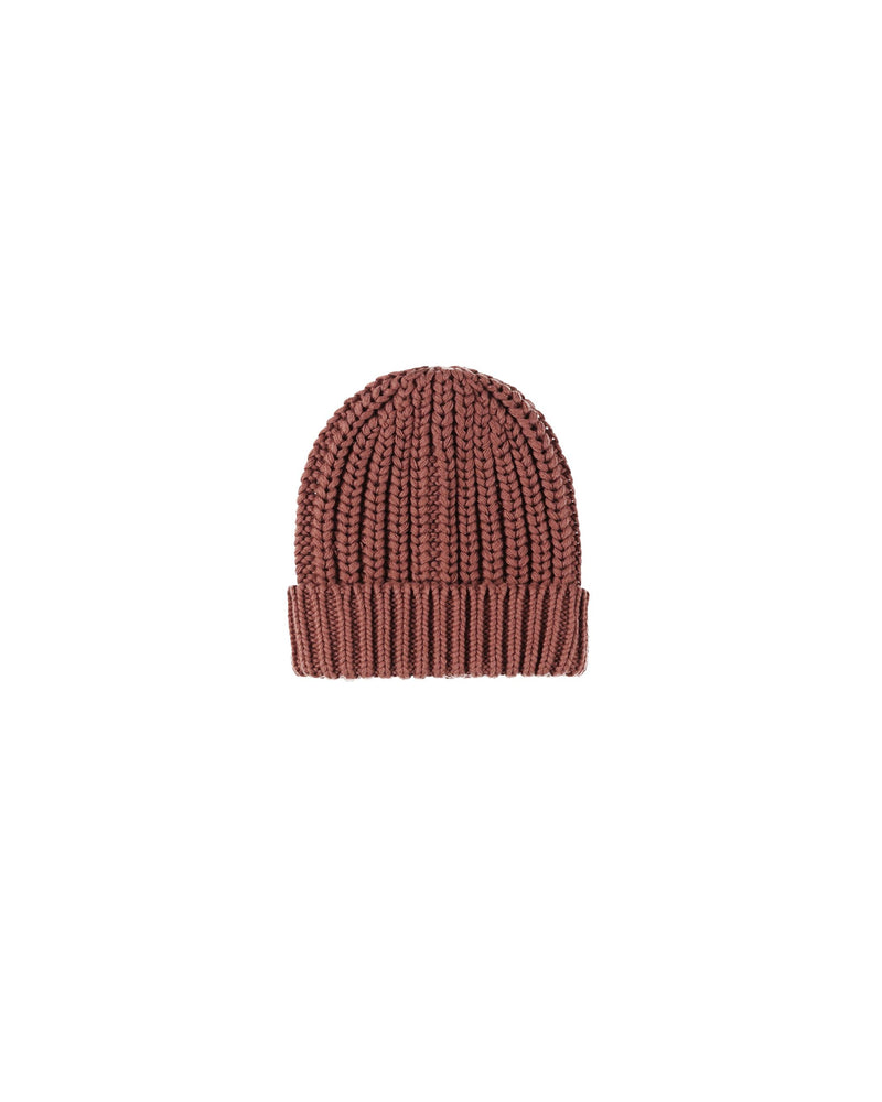 chunky knit beanie hat in cranberry red color