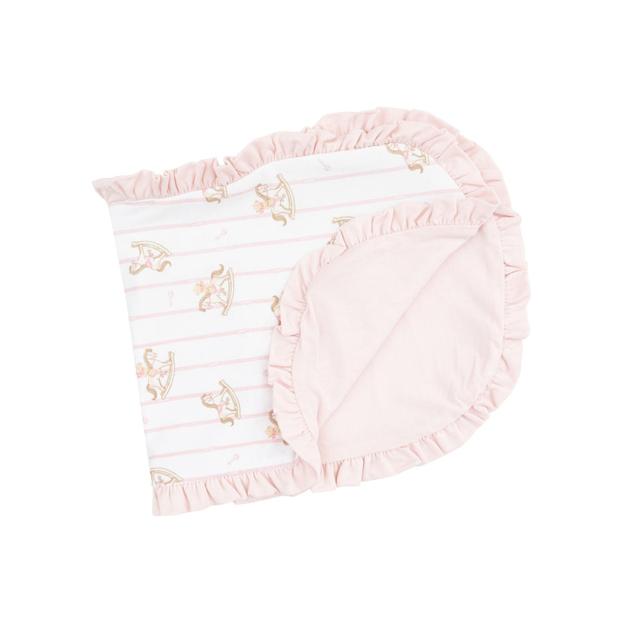 baby girl burp cloth with pink bottom and pink ruffle trim with pink pinstripes and rocking horses all over the top part of the burp cloth