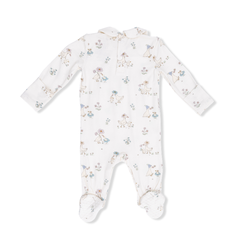 back of Baby onesie with a floral duck pattern on a white background